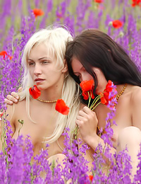 Lusty lesbian girls Anya A and Ulya C passionately kiss and make out outdoors on the field.