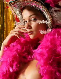 Classy vintage clothed gal Jenya D takes off her fancy clothes and shows her huge boobs.